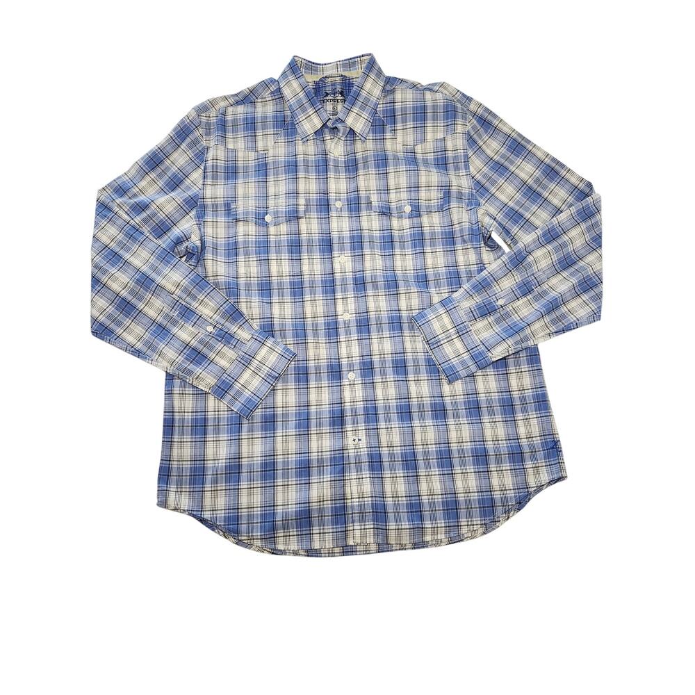 Express Men's Cotton Plaid Pearl Snap Shirt Cobalt Blue Sz L Western
